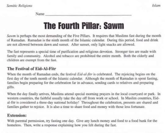 Try fasting for ramadan lesson plan WVA