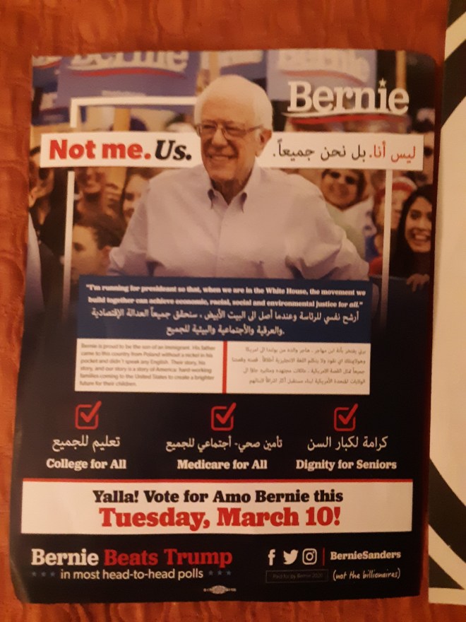 bernie flyer at house of wisdom mosque dearborn