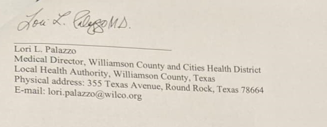 Williamson County Texas letter Lori Pallazo
